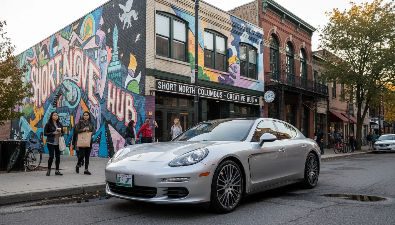 Silver Porsche Panamera in trendy Short North Columbus Ohio