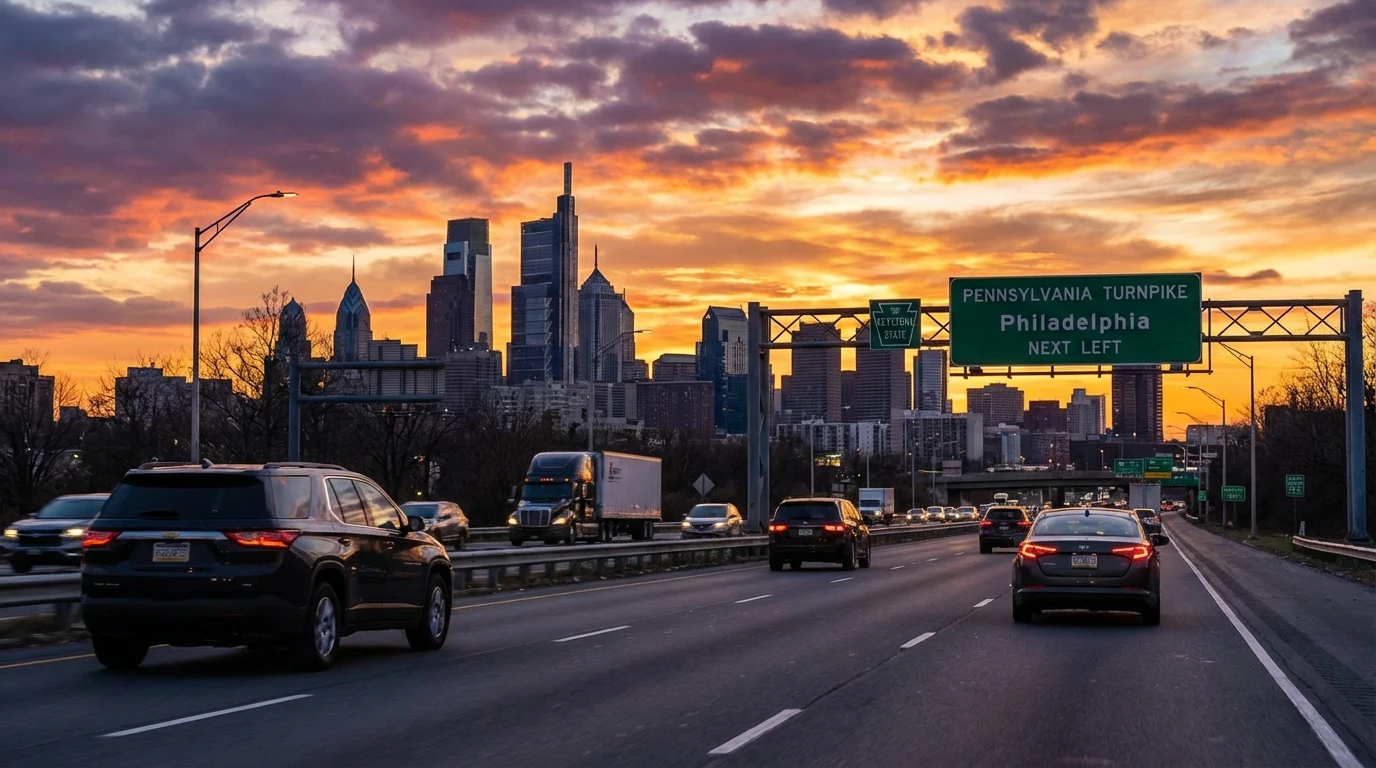 Pennsylvania vehicle tax - Turnpike highway with Philadelphia skyline at sunset
