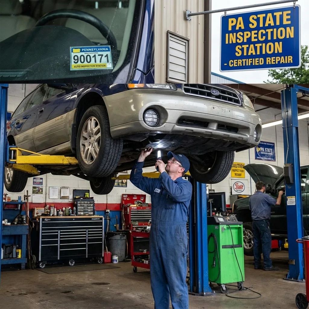 Pennsylvania annual safety inspection mechanic examining car on lift