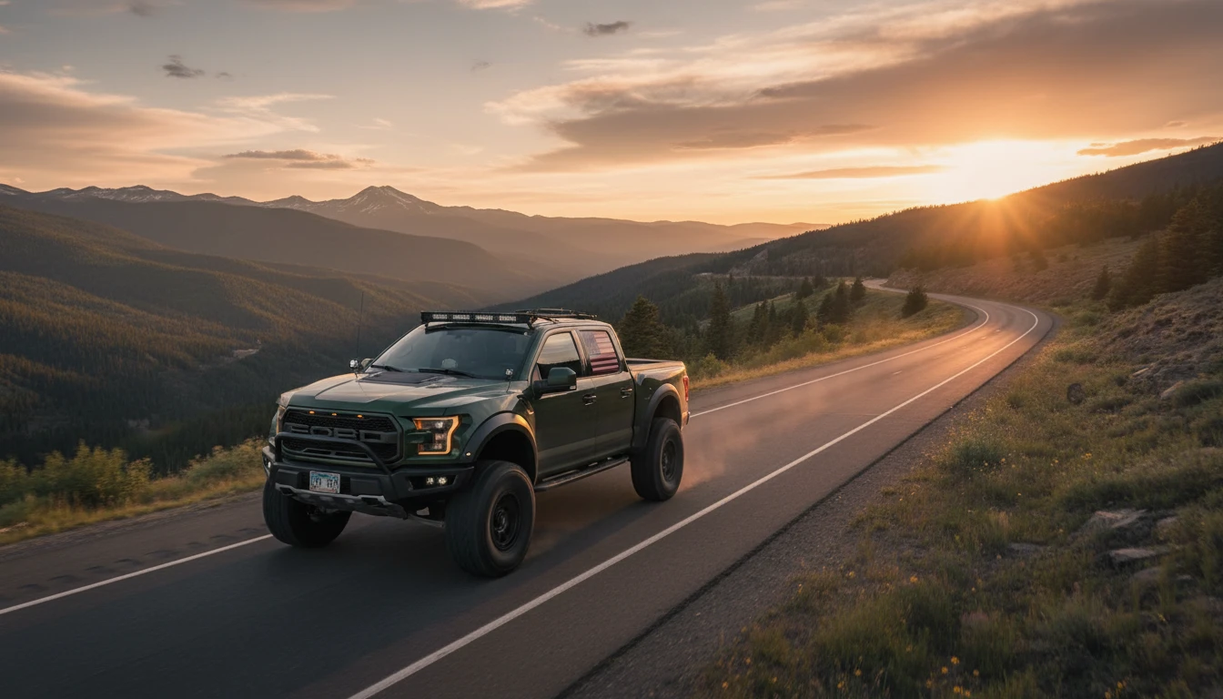 Off-road truck with Montana plates on scenic mountain highway