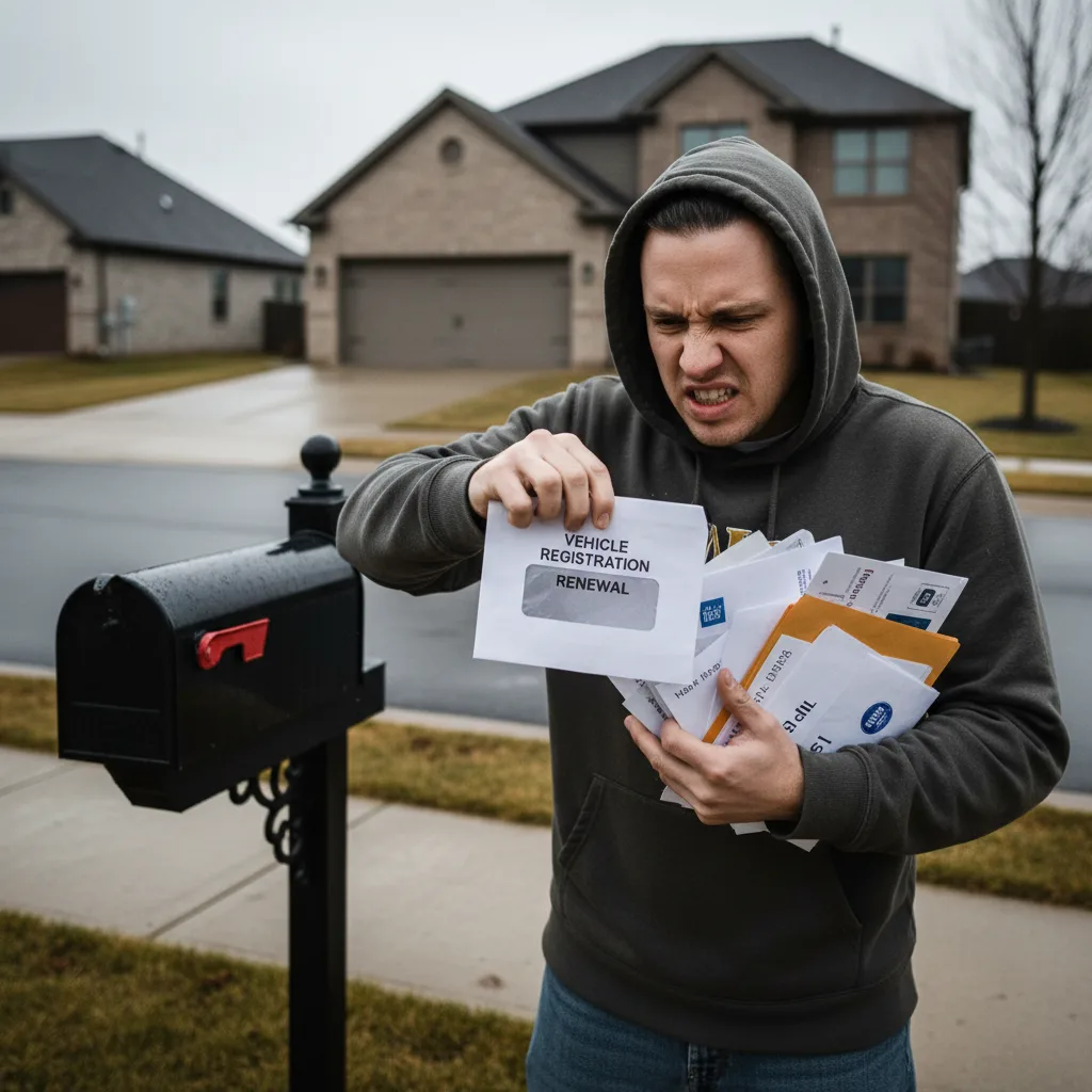 Person frustrated opening vehicle registration renewal envelope at mailbox
