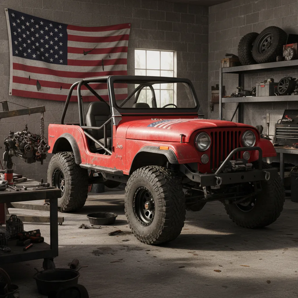 Vintage Jeep CJ-7 rock crawler project in garage workshop