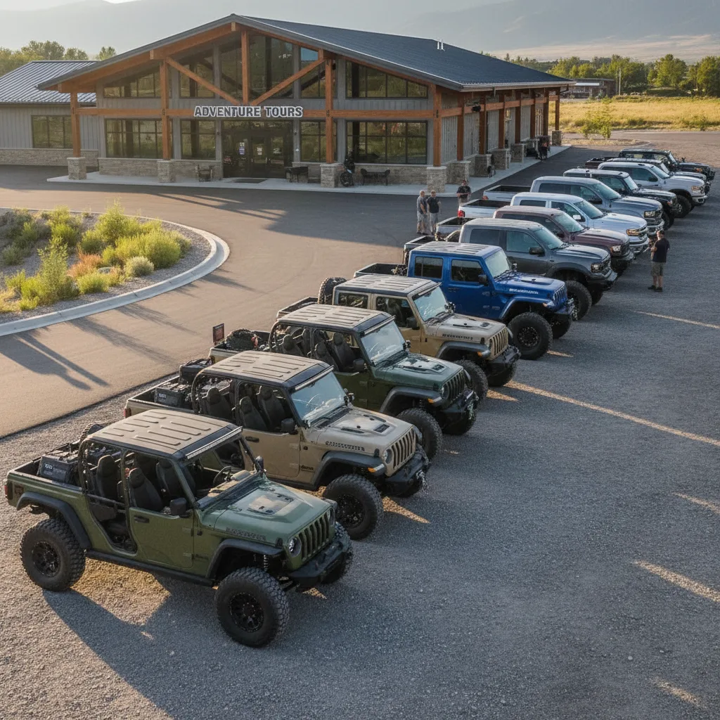 Fleet of off-road vehicles at adventure tour company