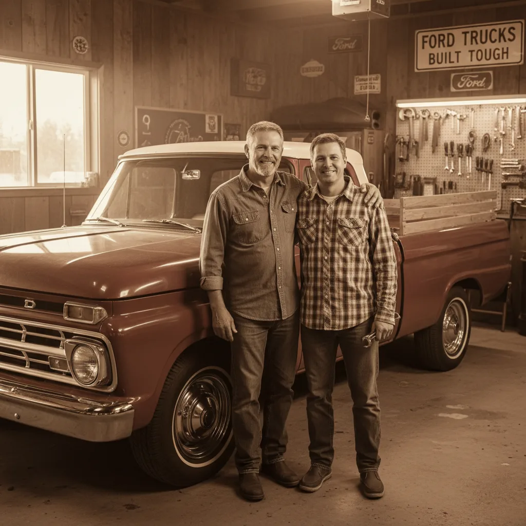 Father and son standing proudly next to vintage Ford truck