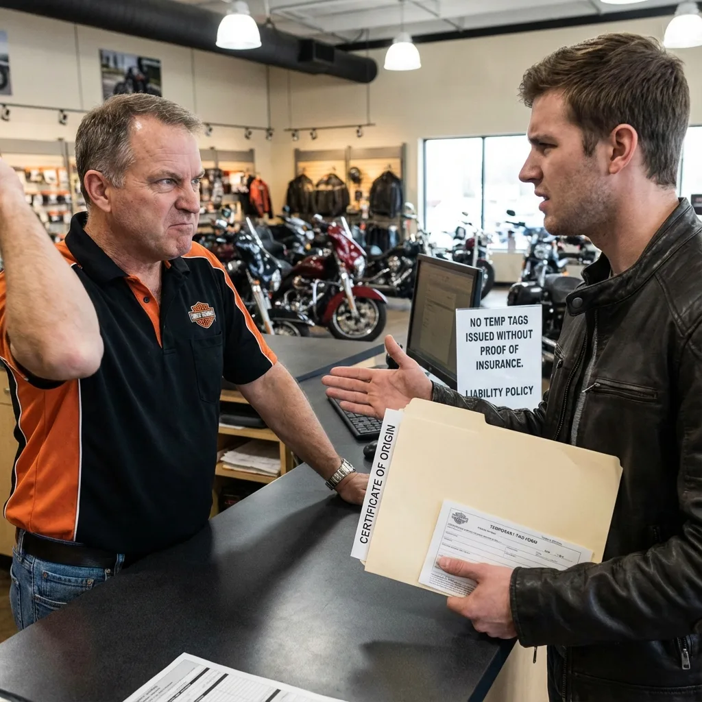 dealer refusing temporary tag liability concern roadworthy verification financing issue dmv agent