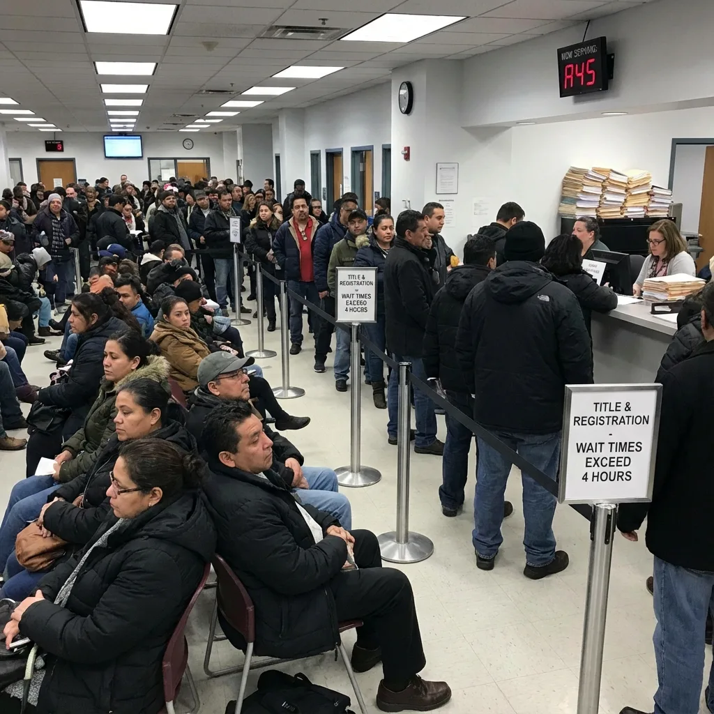 dmv waiting line title-first state bureaucracy delay customers frustrated registration process