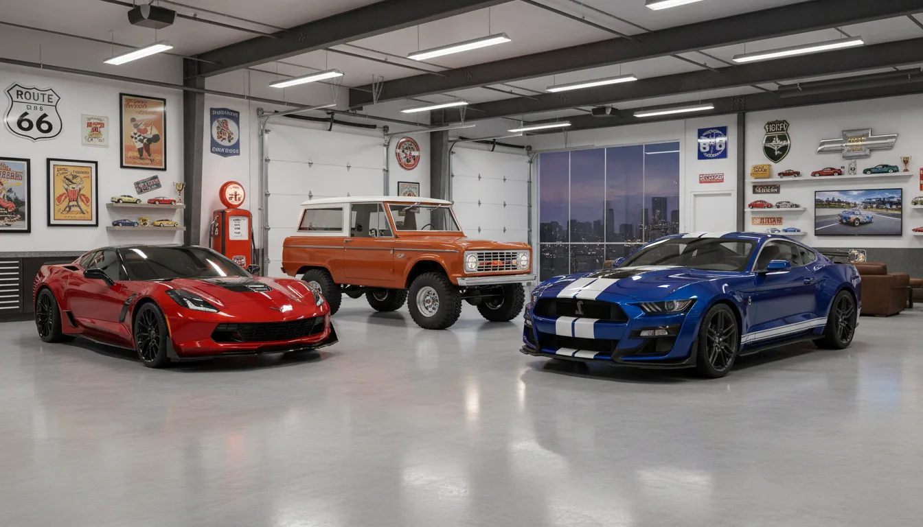 American muscle car collection with Corvette Z06 Bronco and Mustang Shelby in collector garage