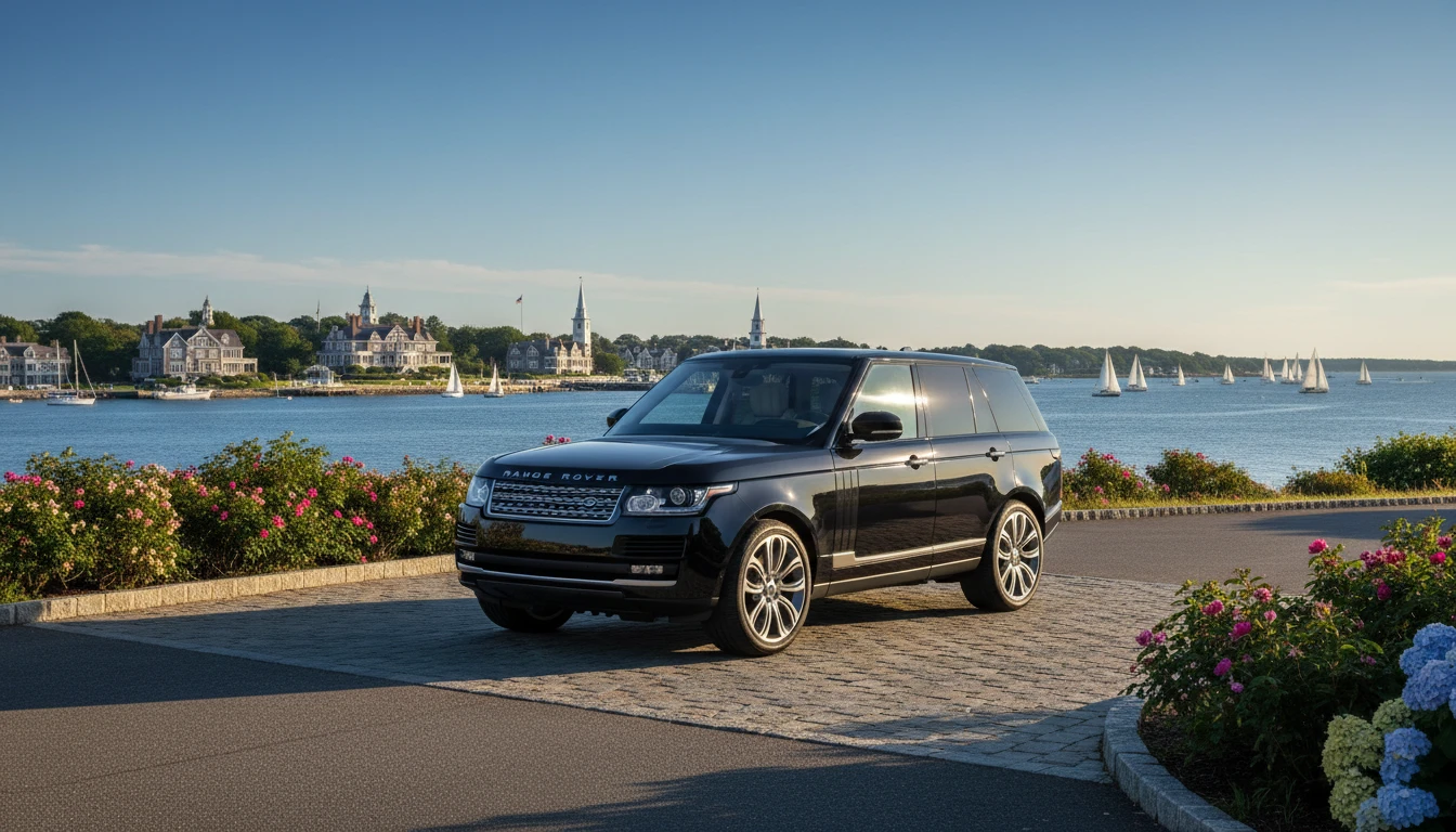 Luxury Range Rover in Newport Rhode Island waterfront with sailboats and harbor