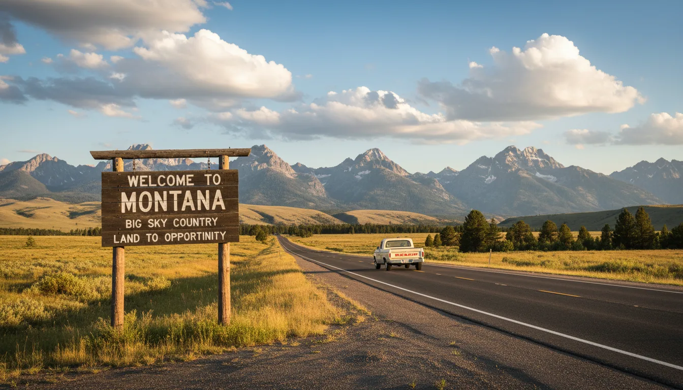 Welcome to Montana road sign with Big Sky mountain landscape representing tax-free vehicle registration