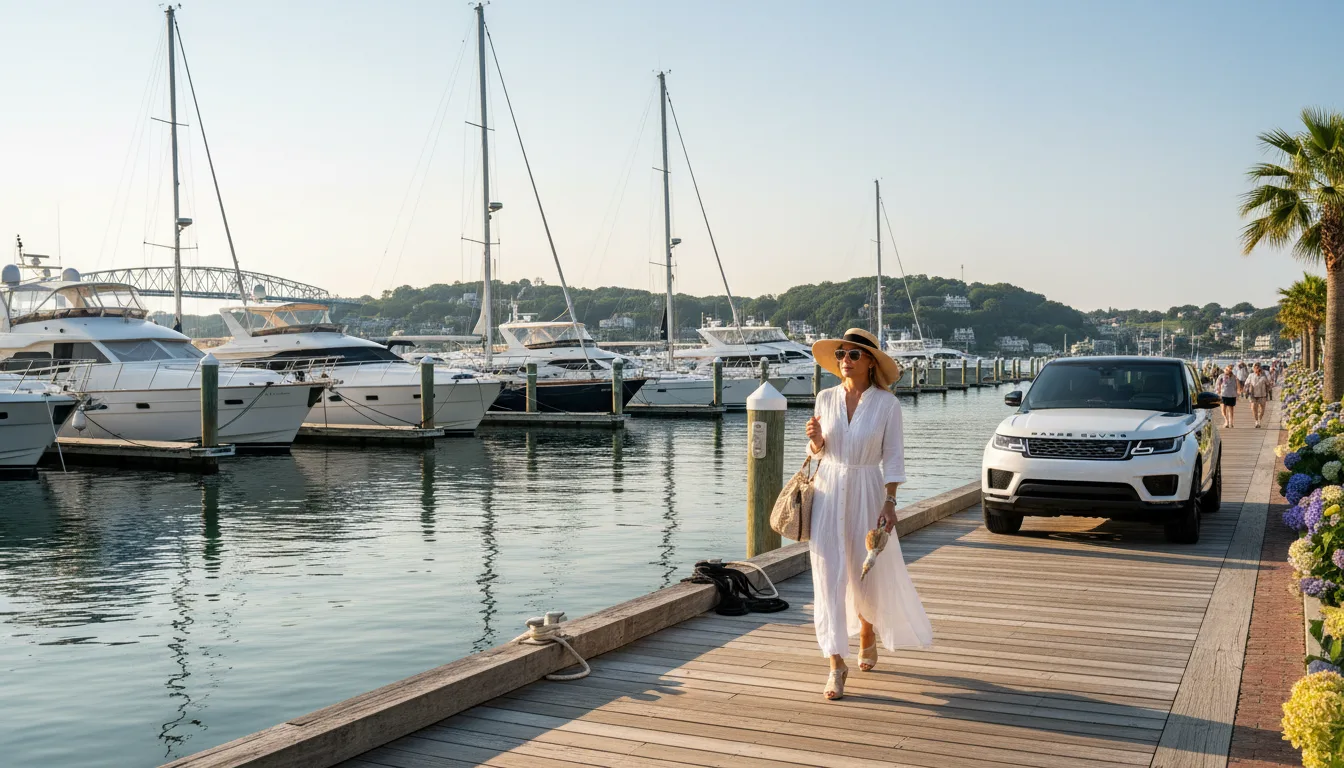 Newport Rhode Island yacht club marina with luxury Range Rover and upscale coastal lifestyle