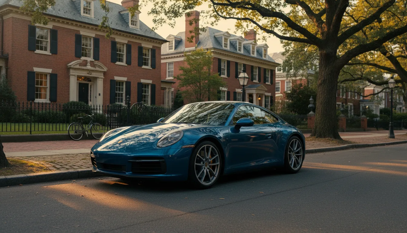 Shark Blue Porsche 911 Carrera parked in upscale Providence East Side neighborhood