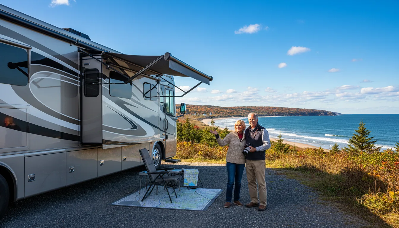 Class A Winnebago motorhome RV at scenic New England coastal campsite
