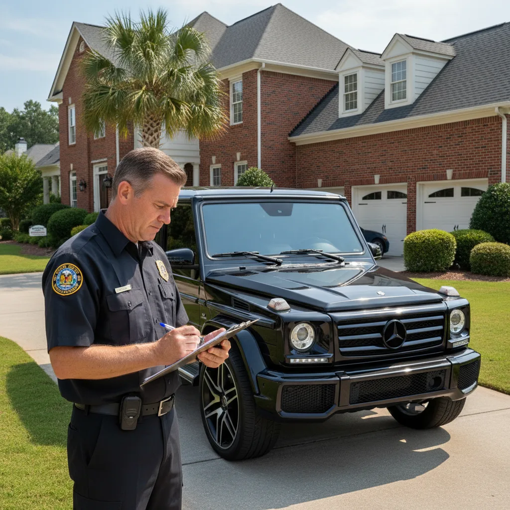 County tax assessor examining luxury vehicle for property tax assessment