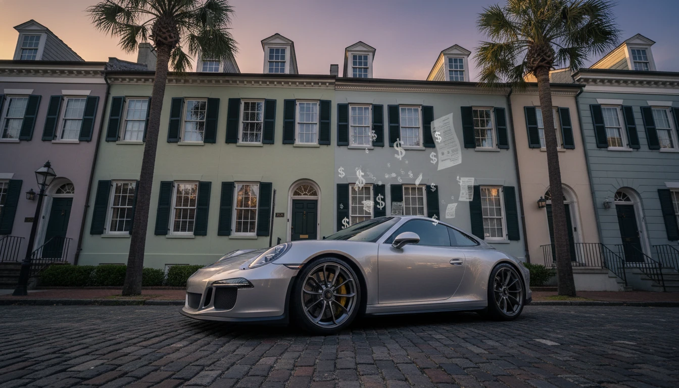 South Carolina vehicle tax trap illustrated by luxury Porsche in Charleston with hidden costs