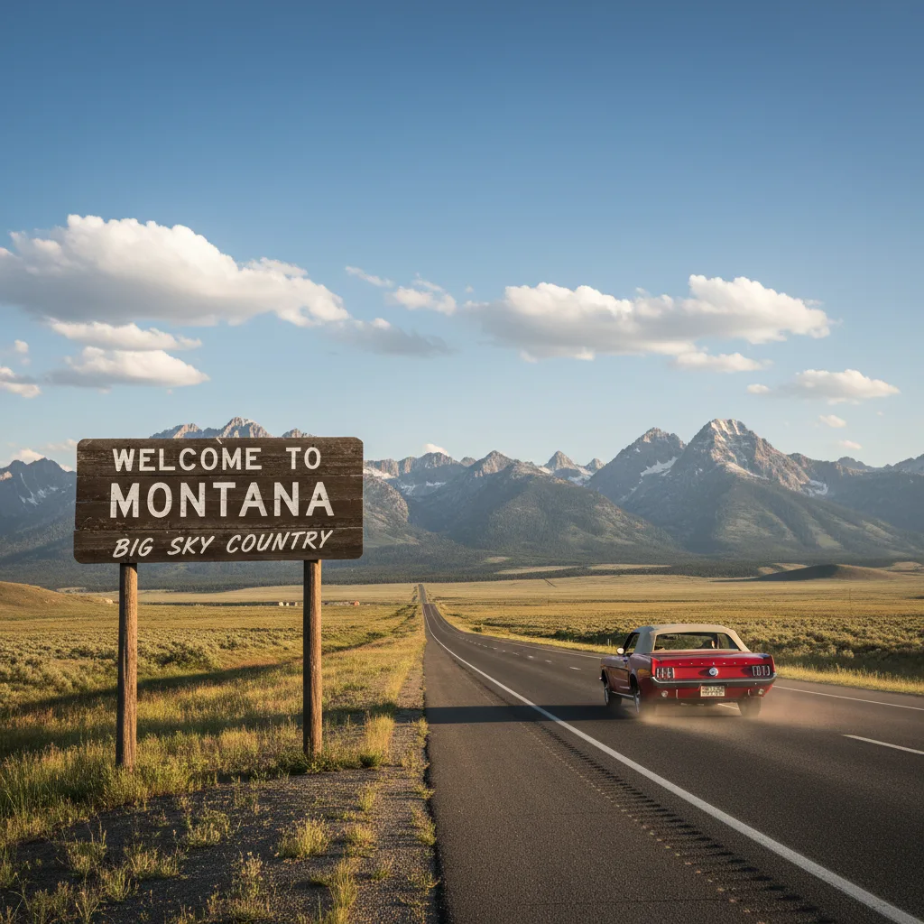 Welcome to Montana road sign with mountain landscape and open highway