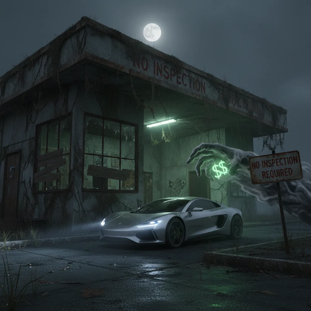 Empty vehicle inspection station with no inspection required sign