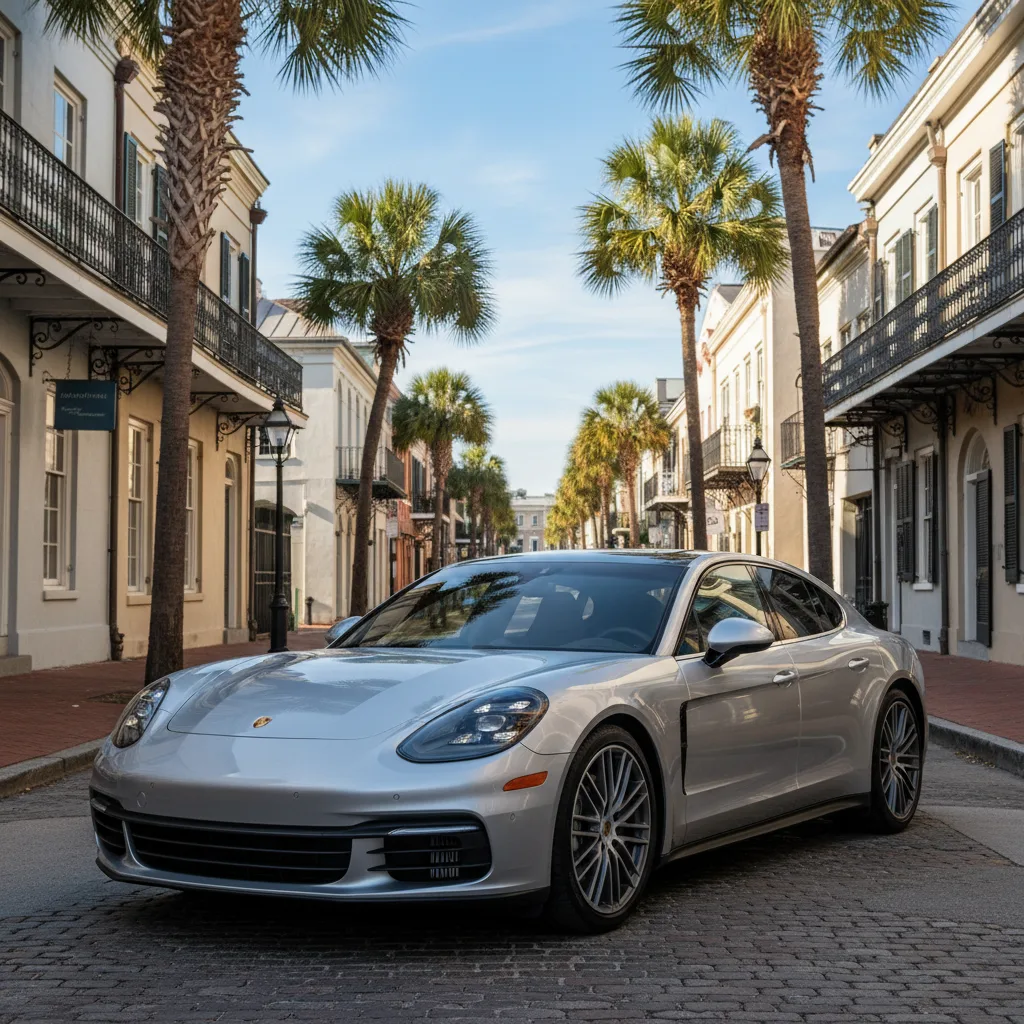 Silver Porsche Panamera parked on cobblestone street in downtown Charleston