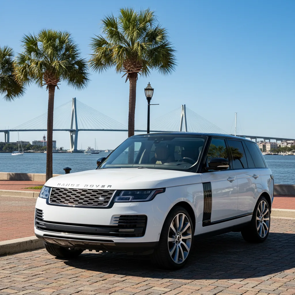2024 Range Rover P530 parked at Charleston waterfront with Ravenel Bridge