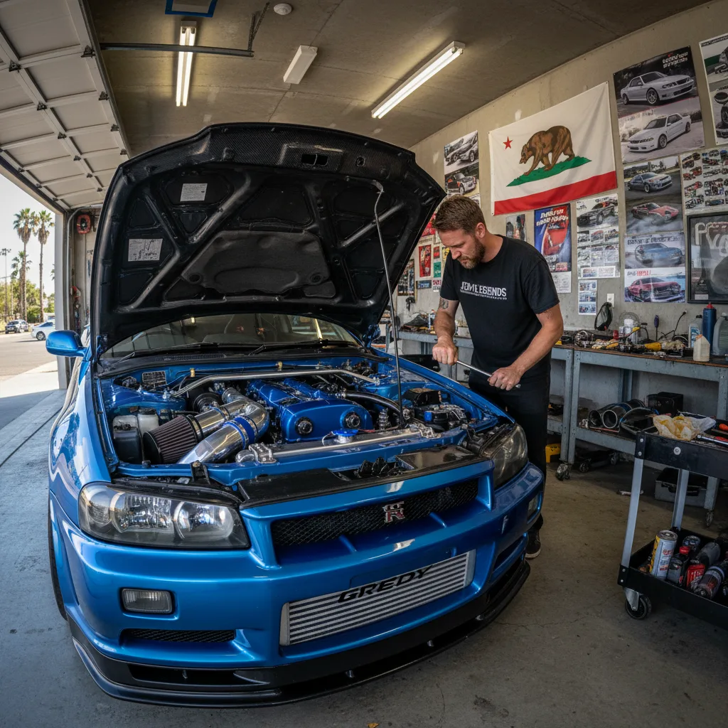 Modified Japanese sports car in California garage with aftermarket parts visible