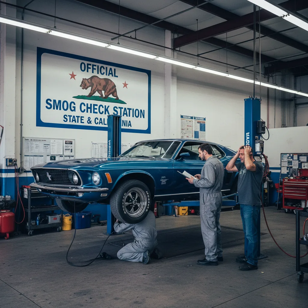 California smog check station with car on lift being inspected by technician