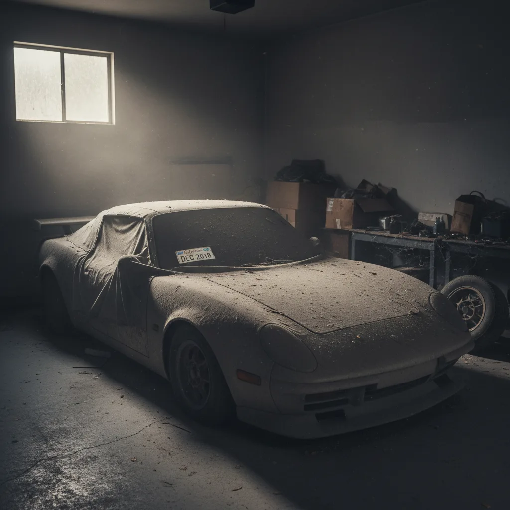 Beautiful sports car under cover in garage with expired California registration
