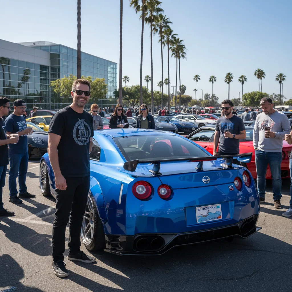 Happy car enthusiast with modified sports car and Montana plates at California car meet