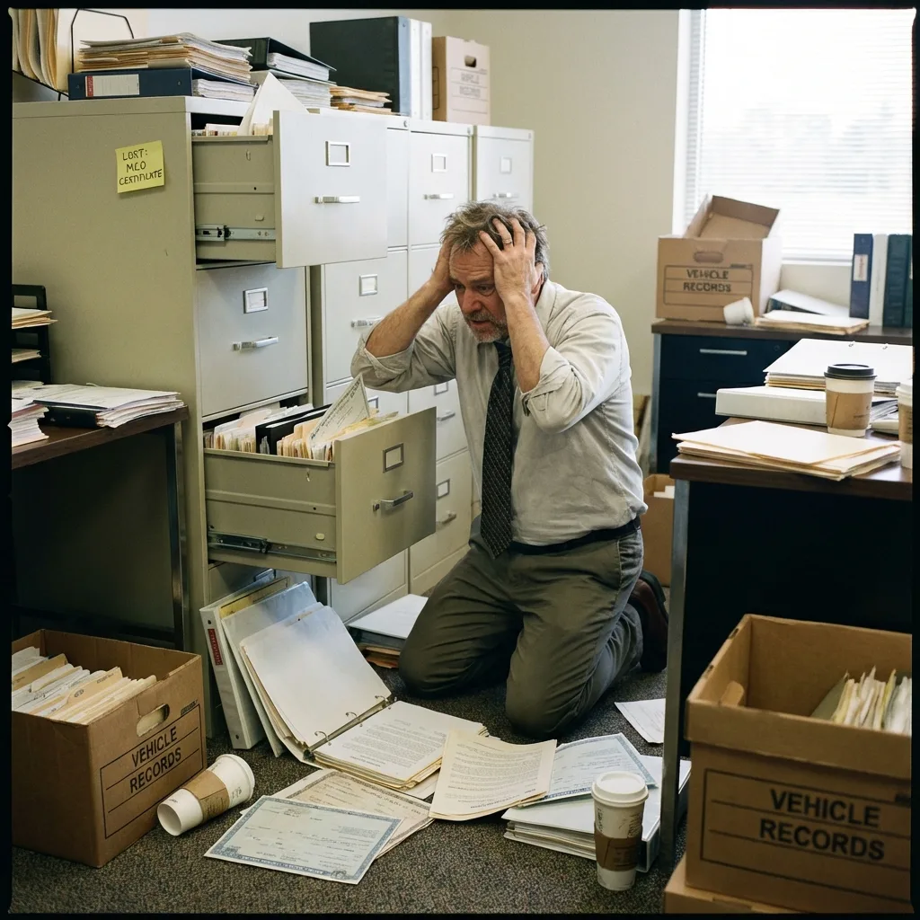 Person searching filing cabinets for lost MCO certificate paperwork