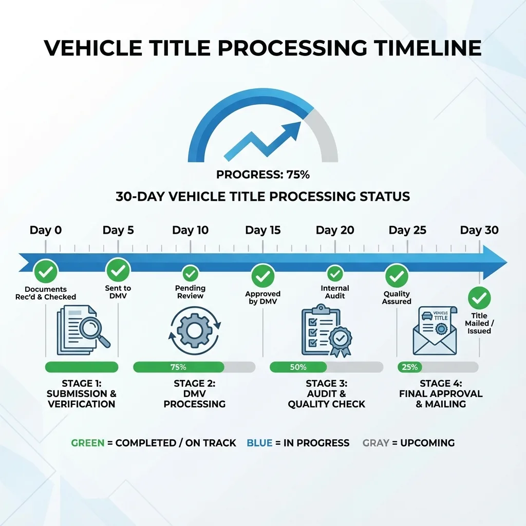 30 day timeline calendar showing certificate of origin to title process