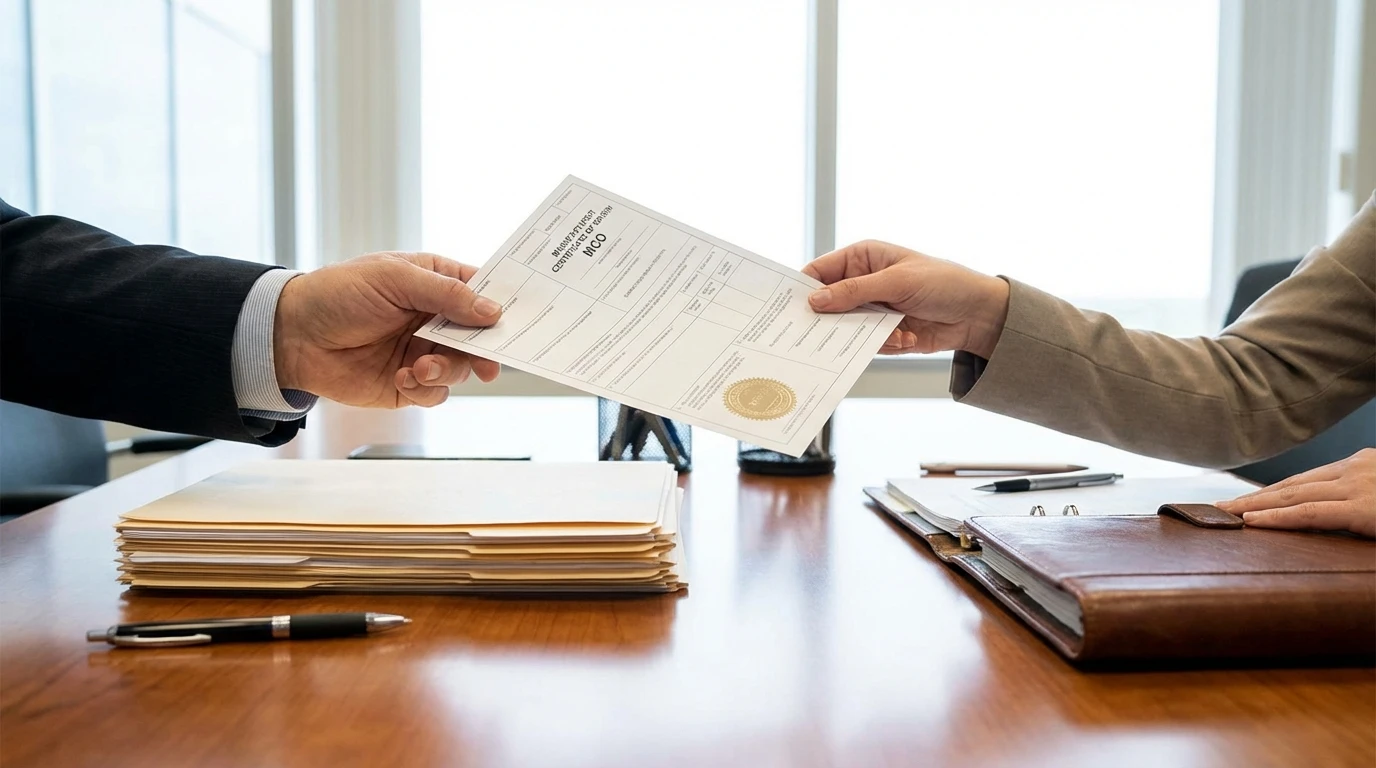 Certificate of origin transfer document being handed from dealer to buyer