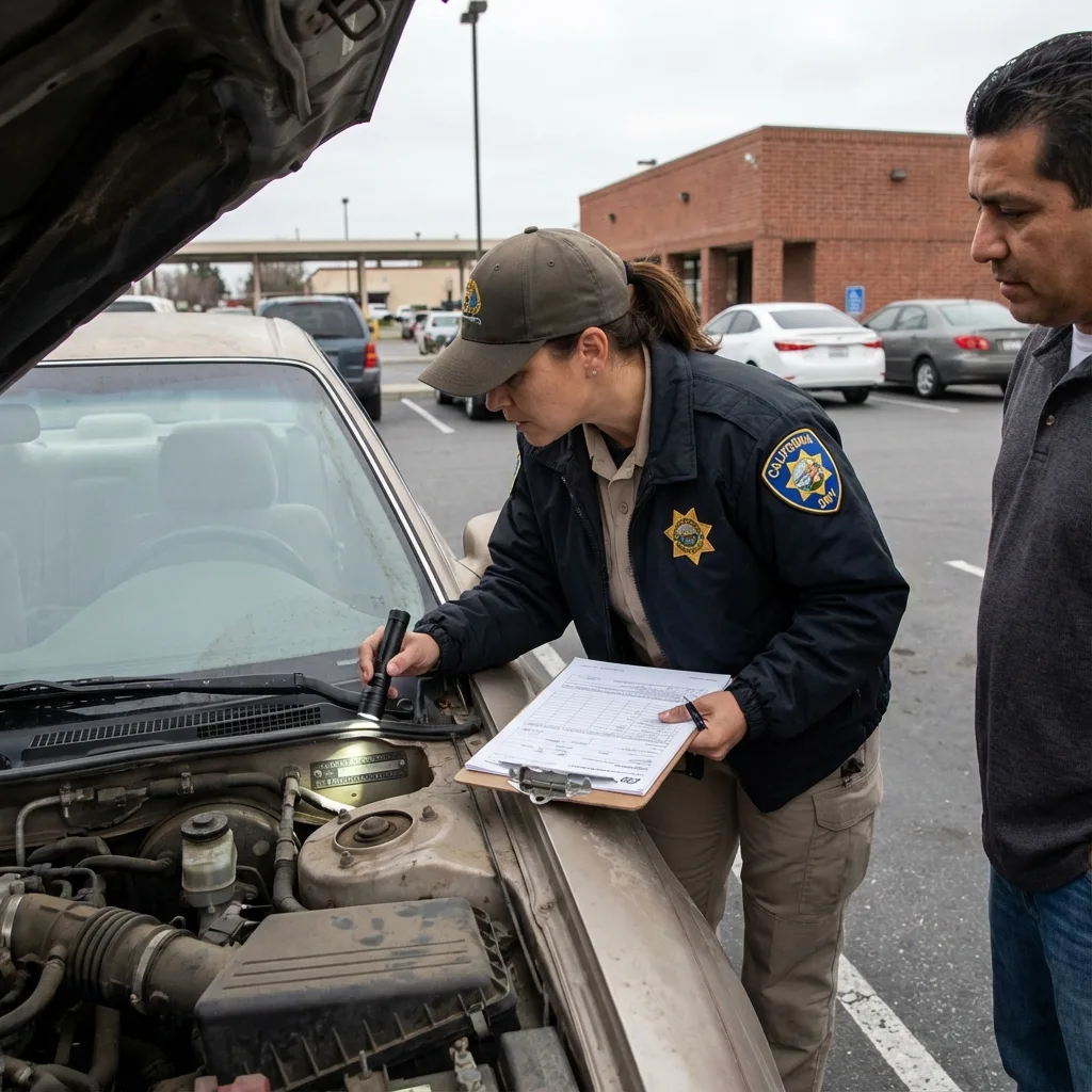 DMV official conducting VIN inspection on new vehicle for certificate of origin transfer