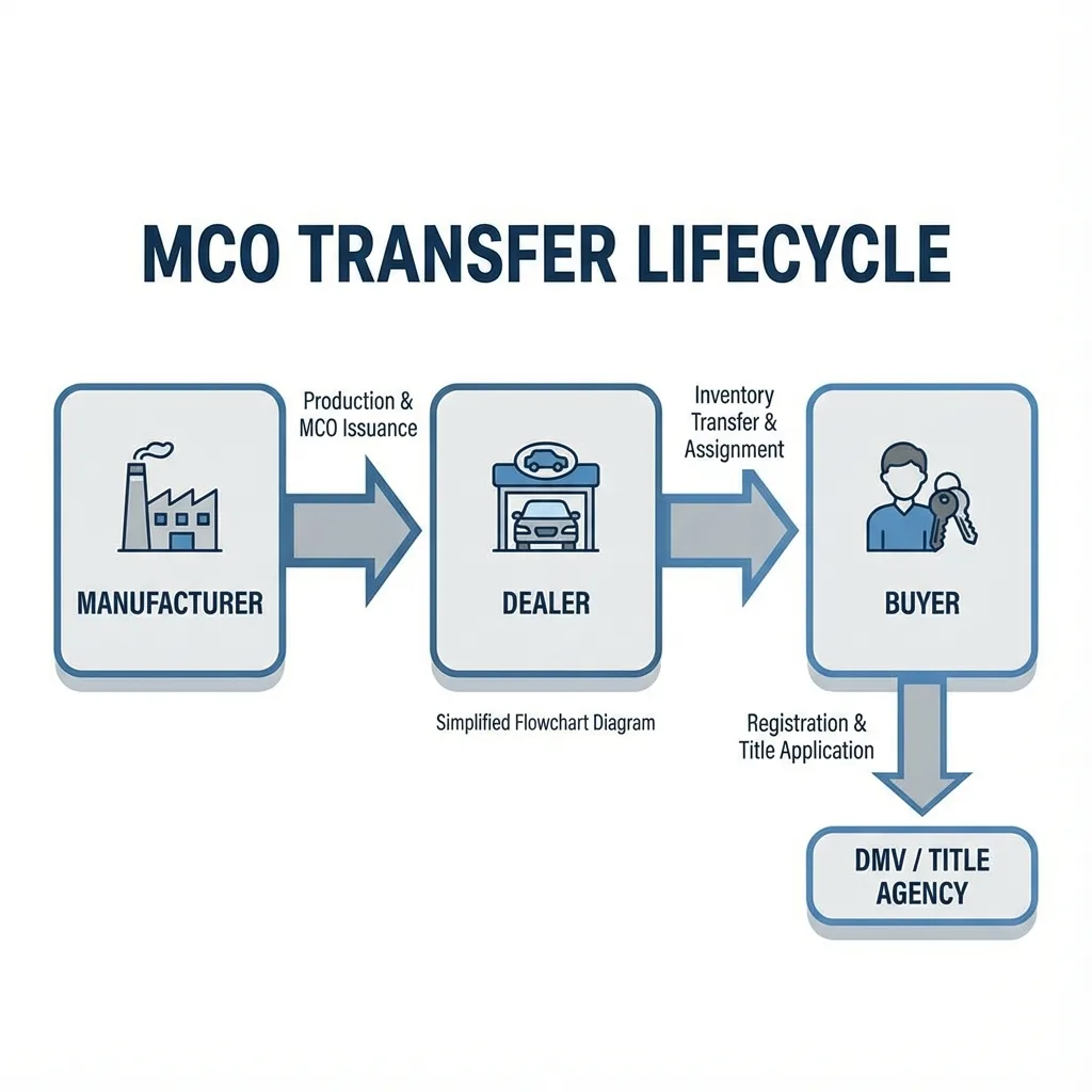 Certificate of origin transfer lifecycle flowchart showing manufacturer to dealer to owner