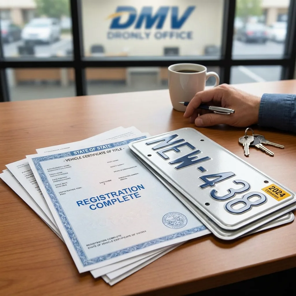 Completed Montana certificate of title and license plates after successful MCO transfer