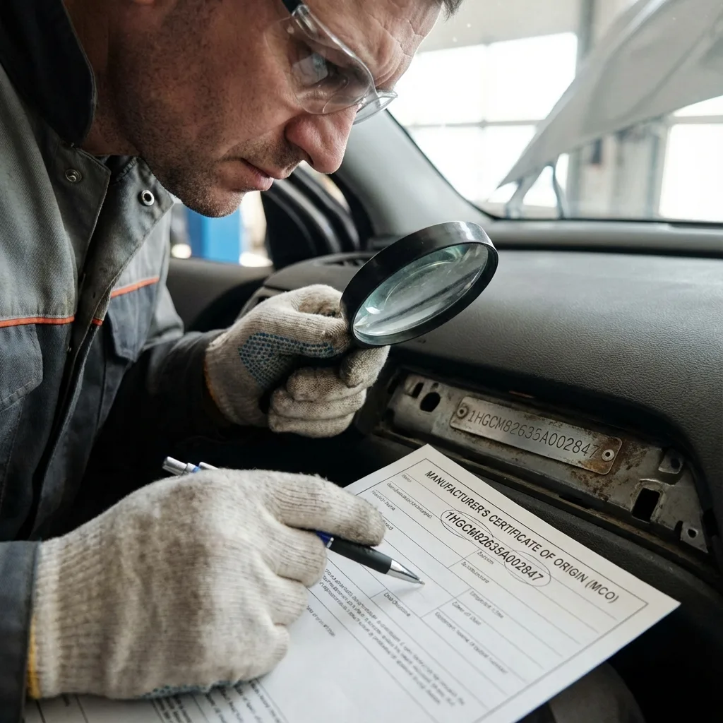 VIN verification process - person checking vehicle identification number against MCO document