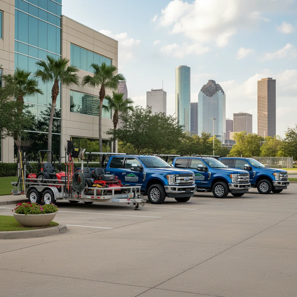 Three Ford F-250 Super Duty work trucks with landscaping trailers in Houston