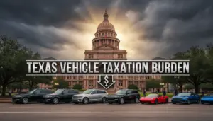 Texas State Capitol with luxury vehicles representing vehicle tax burden