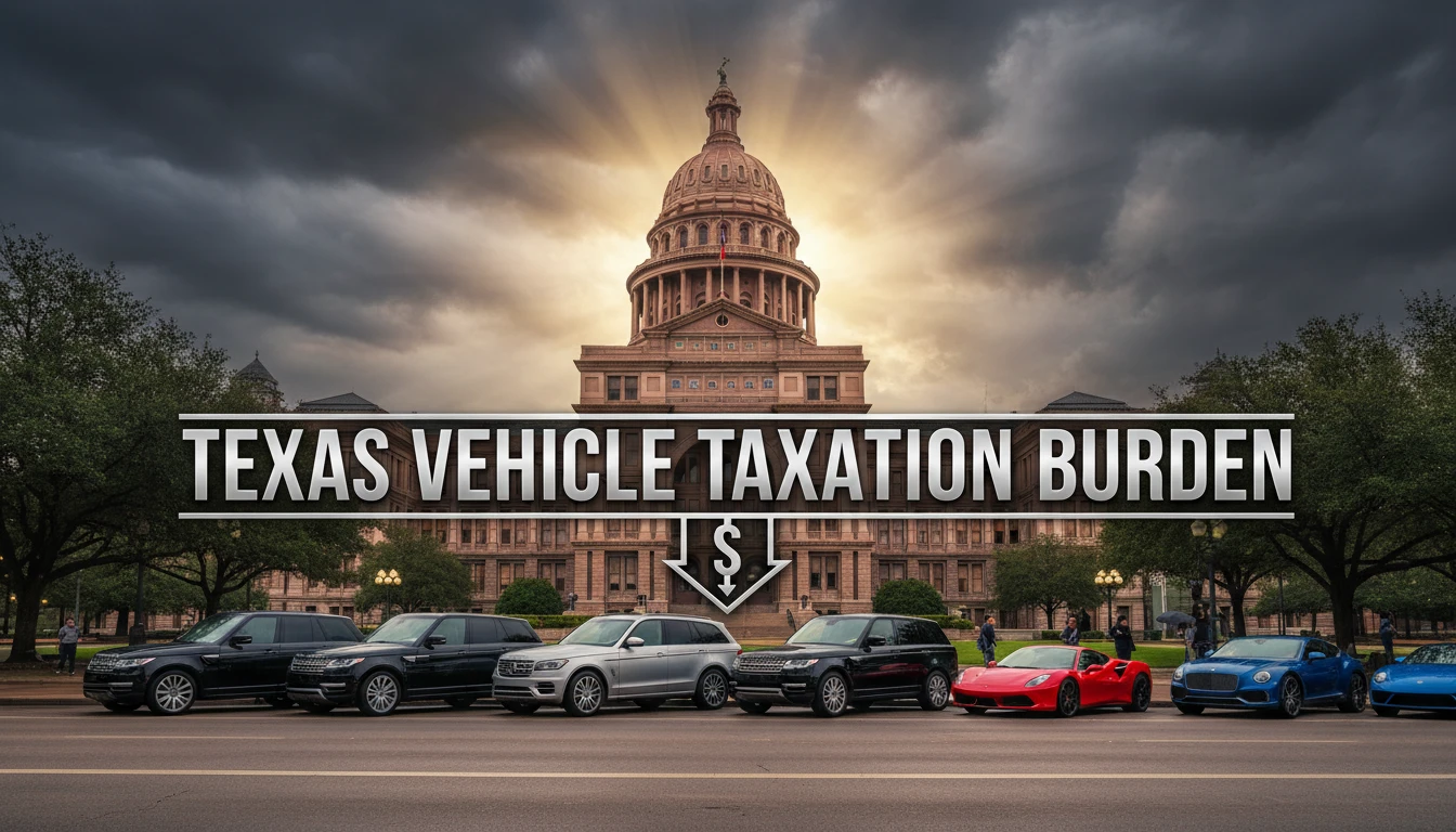 Texas State Capitol with luxury vehicles representing vehicle tax burden