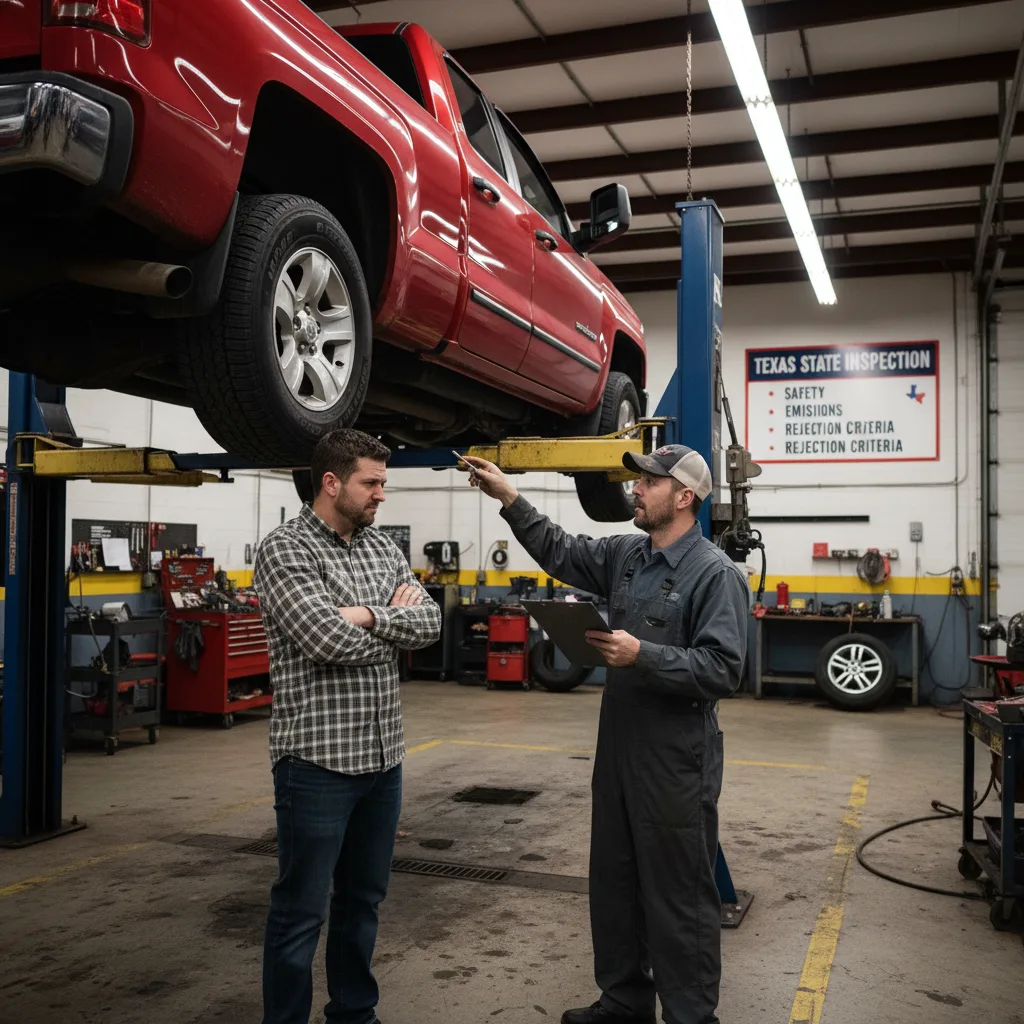 Frustrated vehicle owner at Texas inspection station paying fees