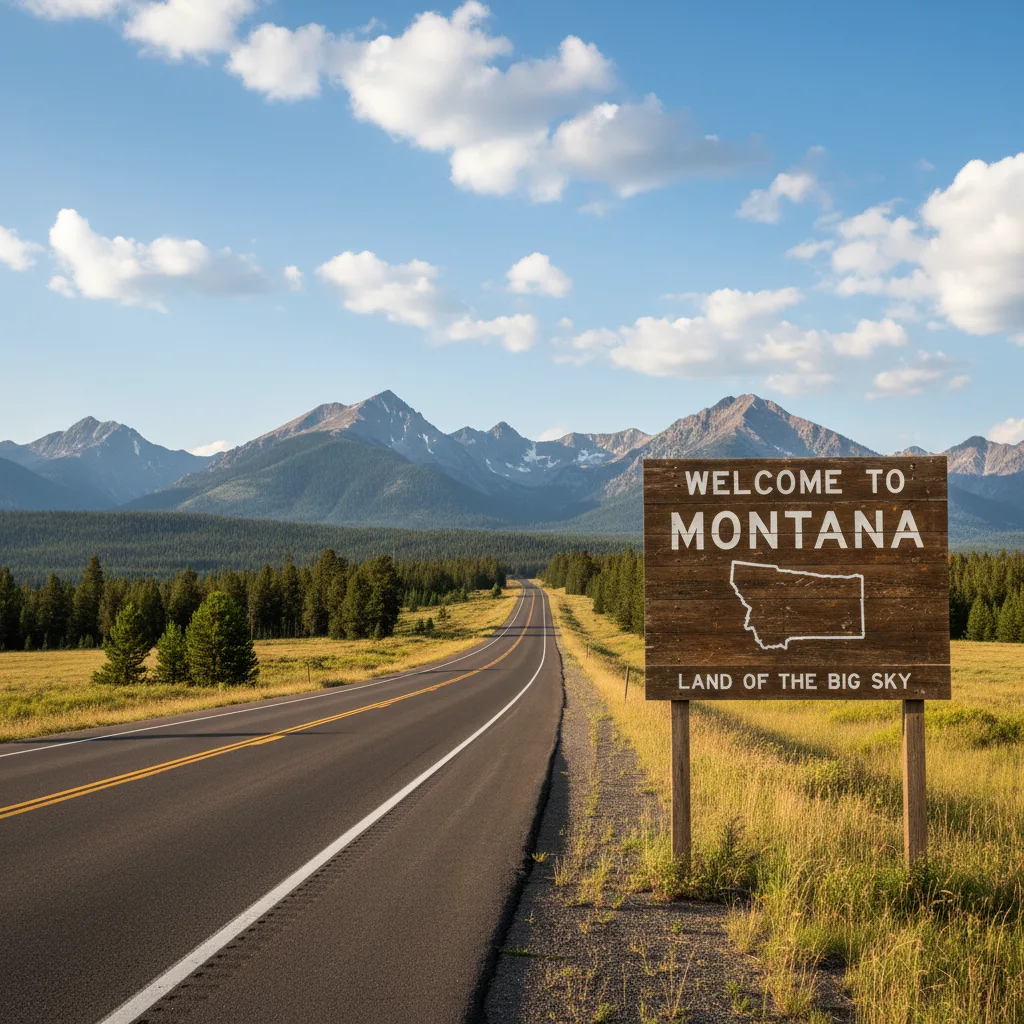 Welcome to Montana road sign with mountain highway - vehicle tax freedom