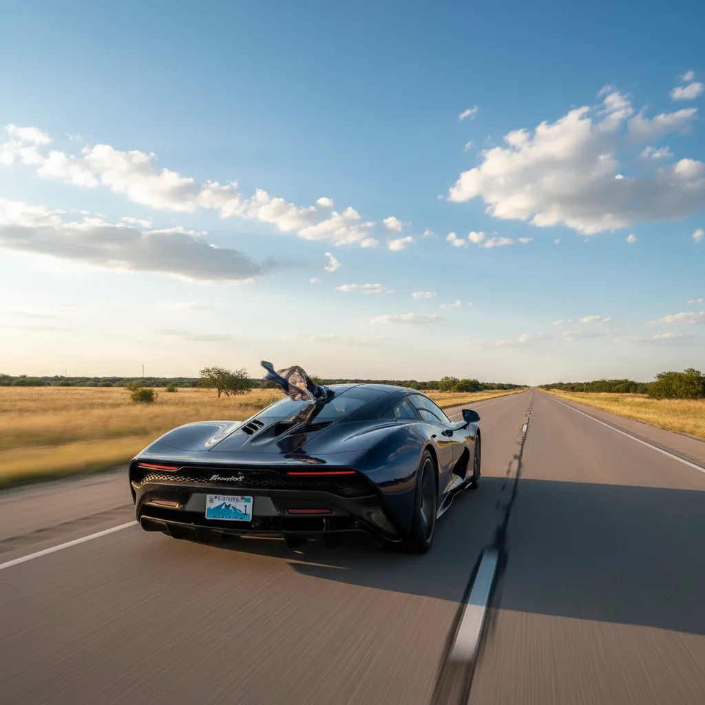 Luxury sports car with Montana plates driving on Texas highway - emissions freedom