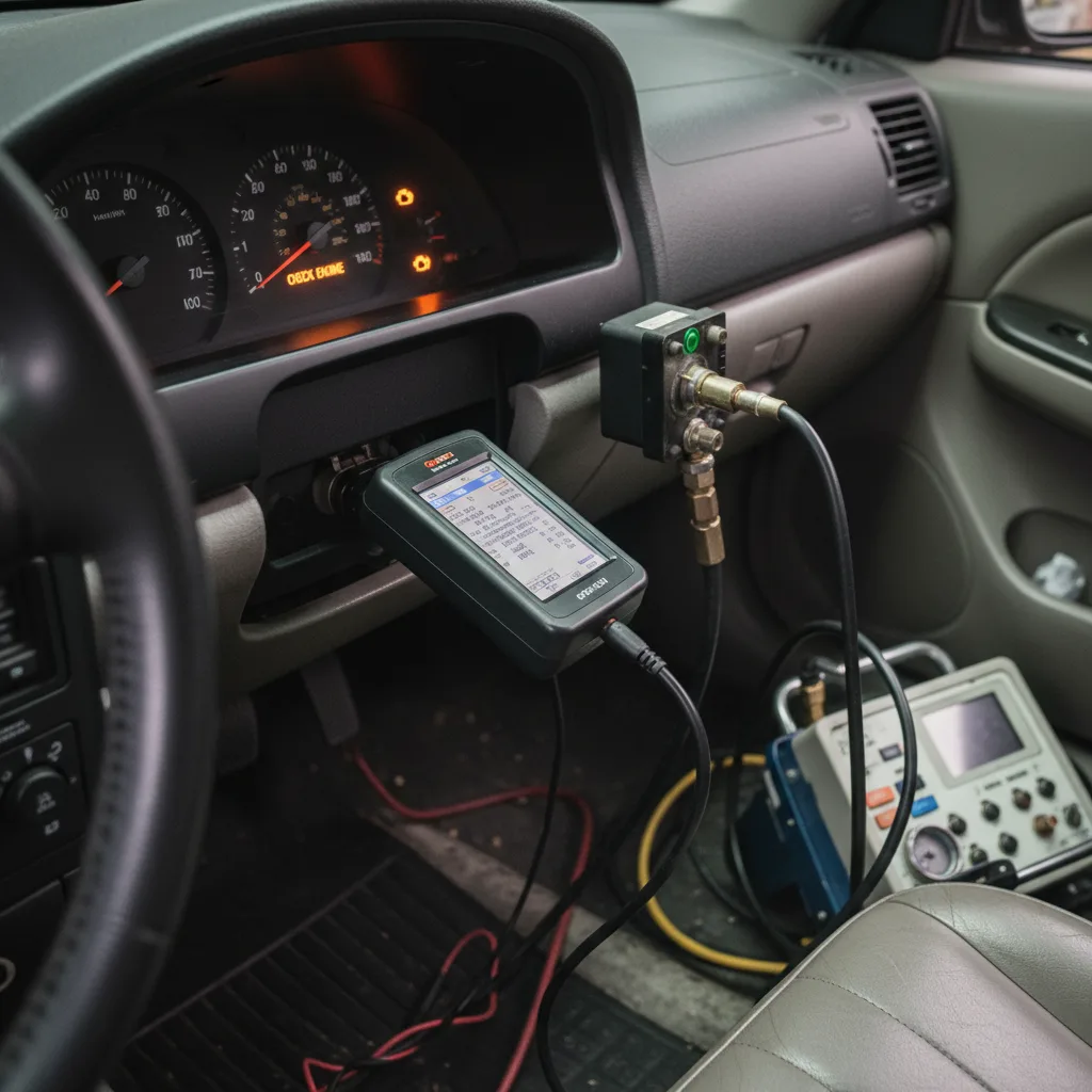 OBDII diagnostic scanner plugged into car for Texas emissions testing