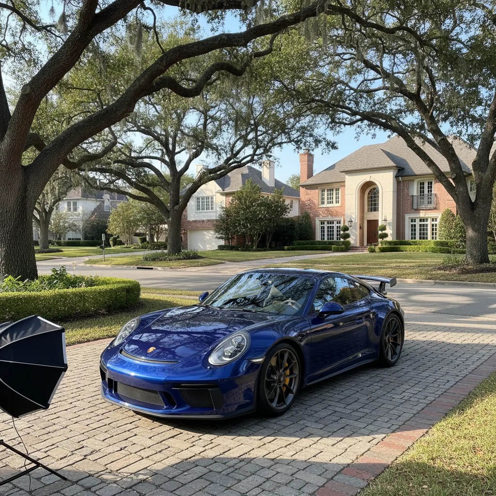 Luxury Porsche 911 in upscale River Oaks Houston neighborhood