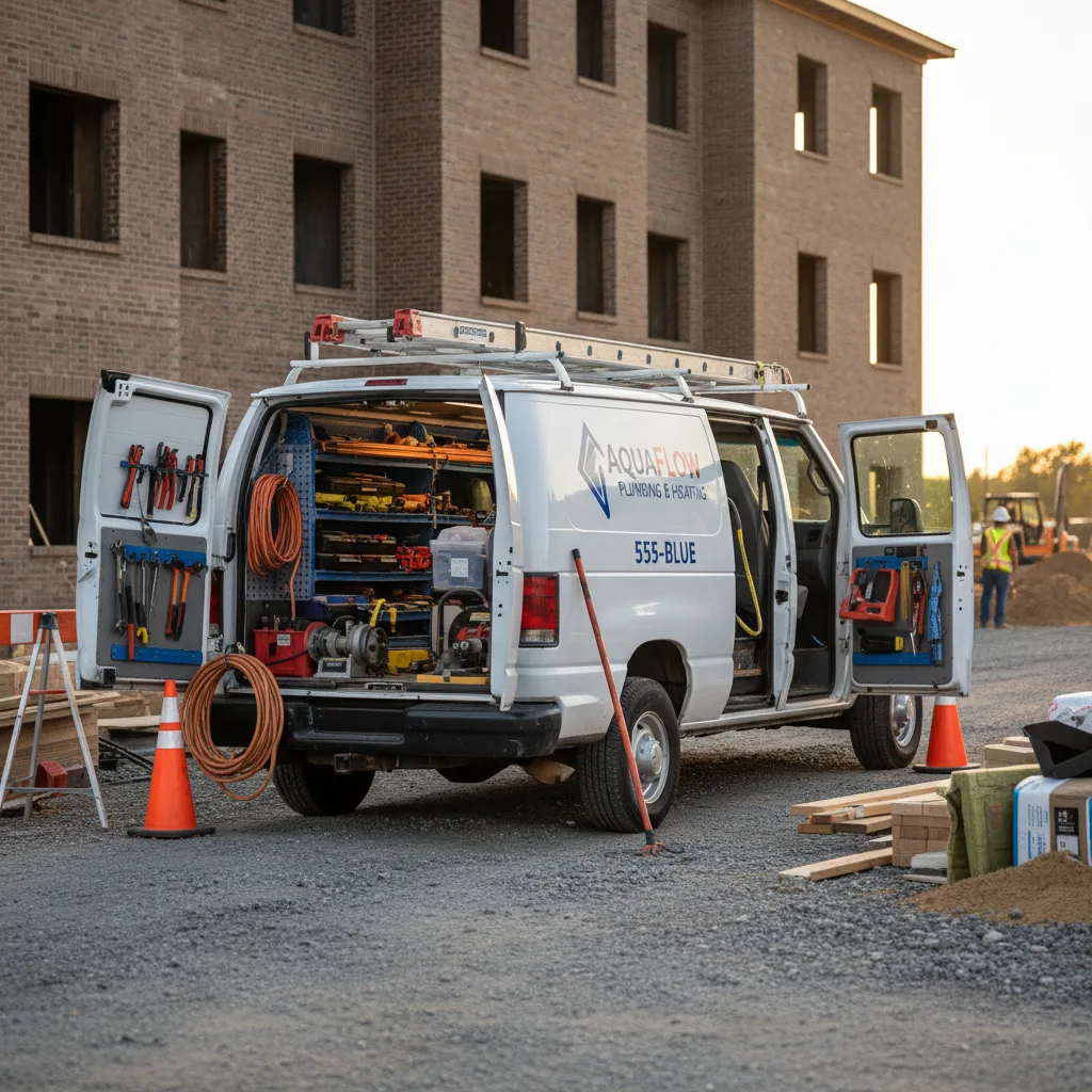 Ford E-250 plumber work van at Houston job site - small business emissions burden