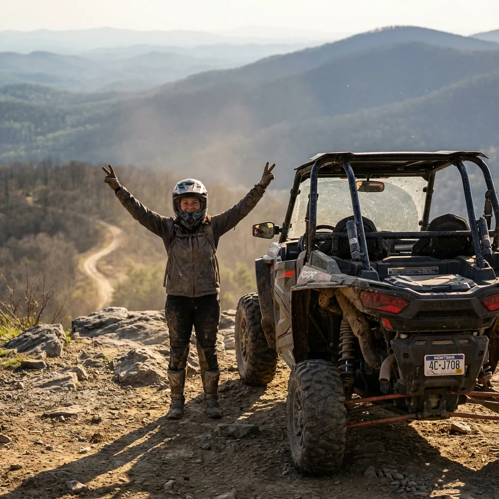 UTV rider celebrating freedom with Montana plates on Virginia trail scenic mountain overlook