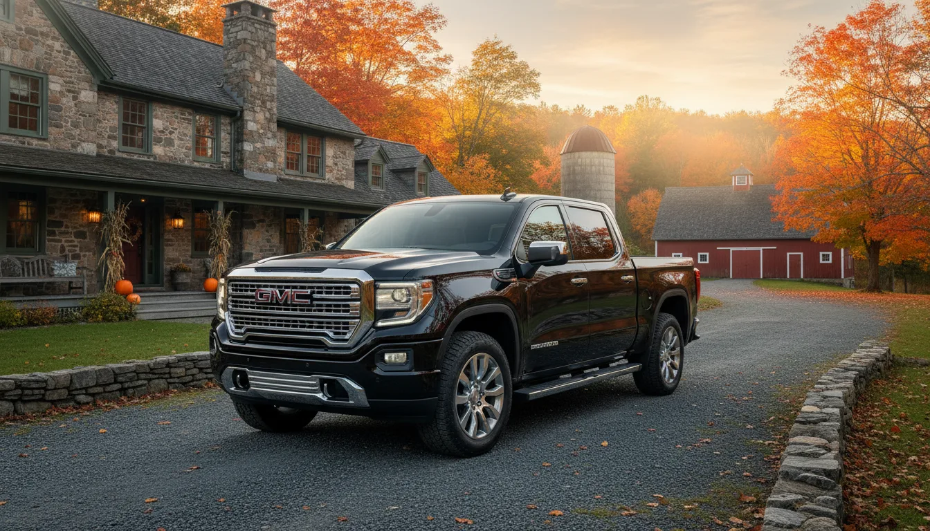 Black GMC Sierra Denali Ultimate truck at Vermont country estate