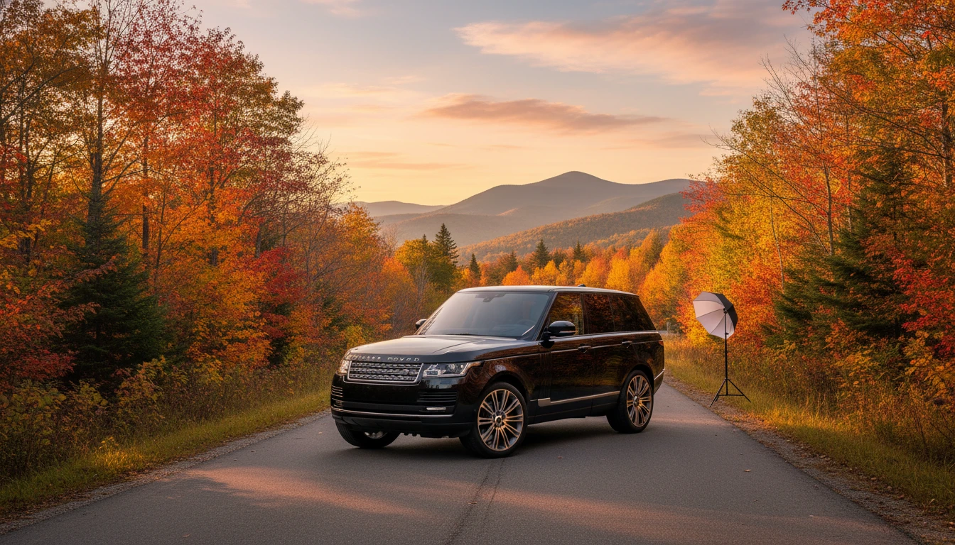 Luxury Range Rover on scenic Vermont mountain road with fall foliage