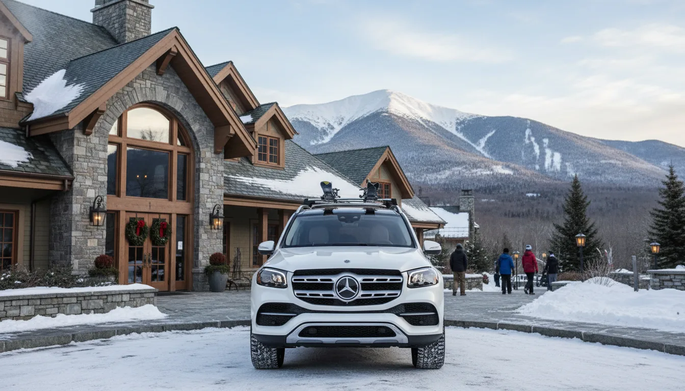 White Mercedes-Benz GLS 580 luxury SUV at Stowe Vermont ski resort
