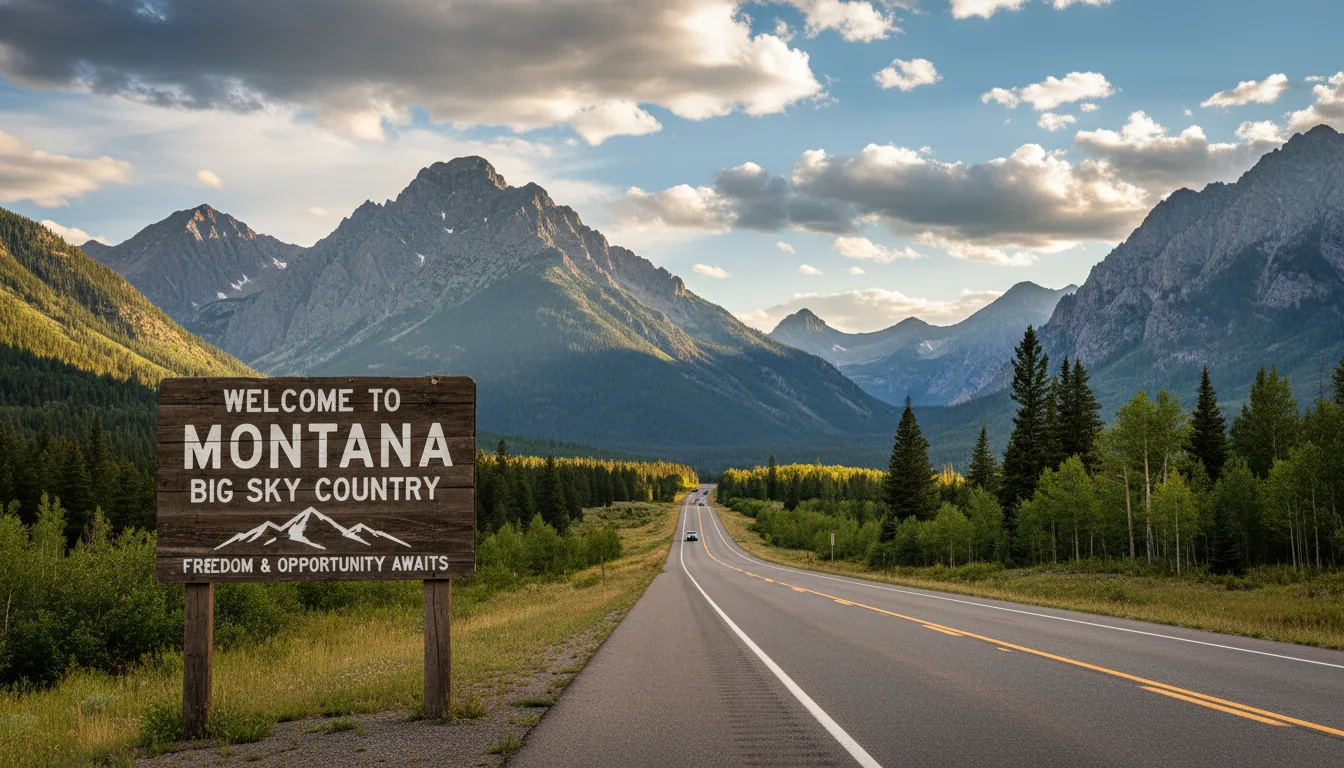 Welcome to Montana Big Sky Country road sign representing tax-free vehicle registration