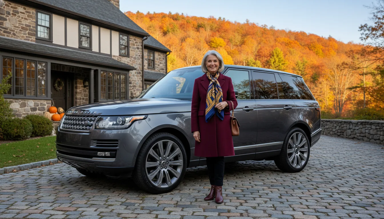 Elegant retired woman with luxury SUV at Vermont country home