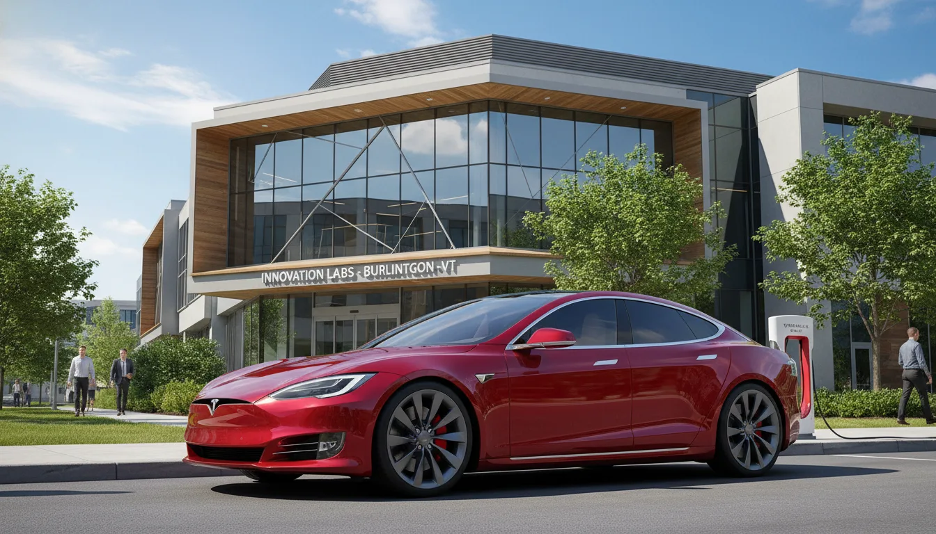 Red Tesla Model S Plaid electric sedan in Burlington Vermont