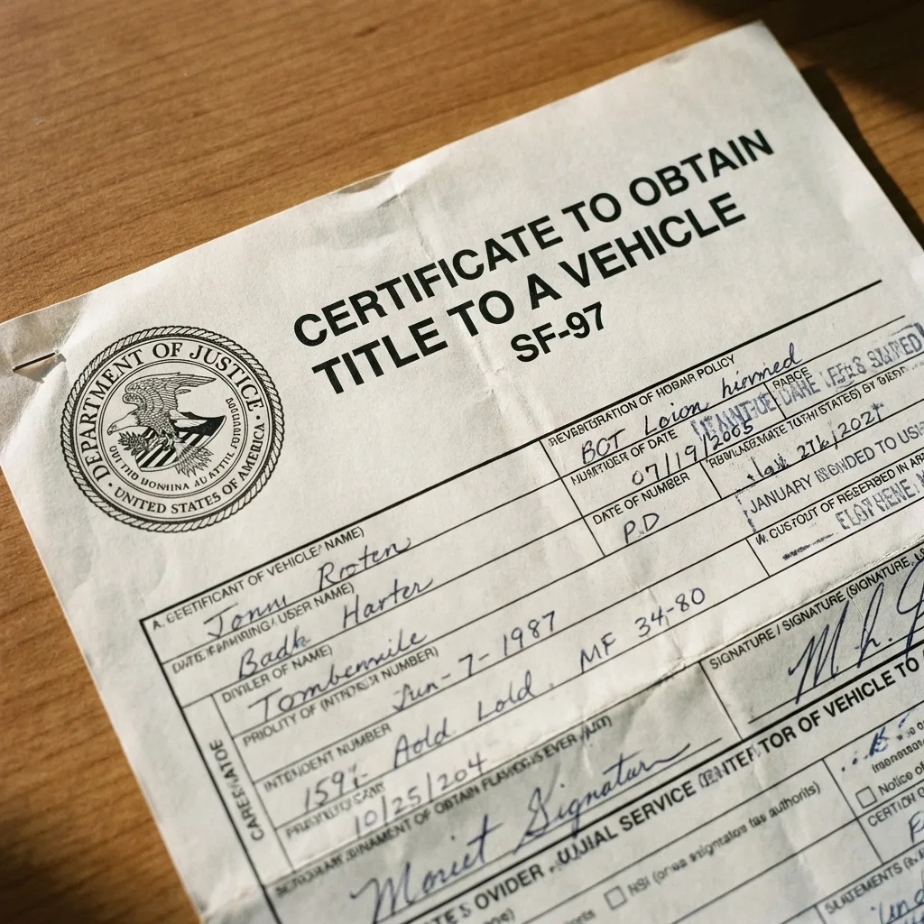 SF97 form official government certificate to obtain vehicle title